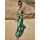 Grüne Maxikleider Ärmelloses bedrucktes Muster-Sommerkleid aus Polyester mit V-Ausschnitt