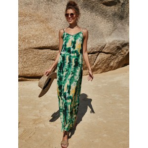 Grüne Maxikleider Ärmelloses bedrucktes Muster-Sommerkleid aus Polyester mit V-Ausschnitt 
