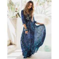 Maxikleid Blau Sommerkleider lang mit Print 3/4 Ärmel Damenmode V-Ausschnitt Chiffon und gekreuztem Design und Schlitz an der Front für Sommer 