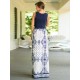 Maxikleid Blau Sommerkleider lang mit Print ärmellos Damenmode und Rundkragen gemischten Baumwollen und verstellbarem Design und Falten für Sommer