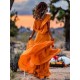 Maxikleid Kurzarm Sommerkleider lang Orange Damenmode mit Rundkragen für Herbst und Sommer und Straßen-Style maxi kleid Chiffon Kleider
