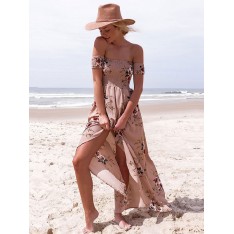 Maxikleid Rosa Sommerkleider lang mit Print Kurzarm Damenmode und Carmenausschnitt Chiffon und rückenfreiem Design und Schlitz an der Front 