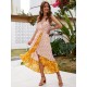 Maxikleider Gelb Ärmellos bedrucktes Muster V-Ausschnitt Plissee Unregelmäßiges Polyester Langes Kleid