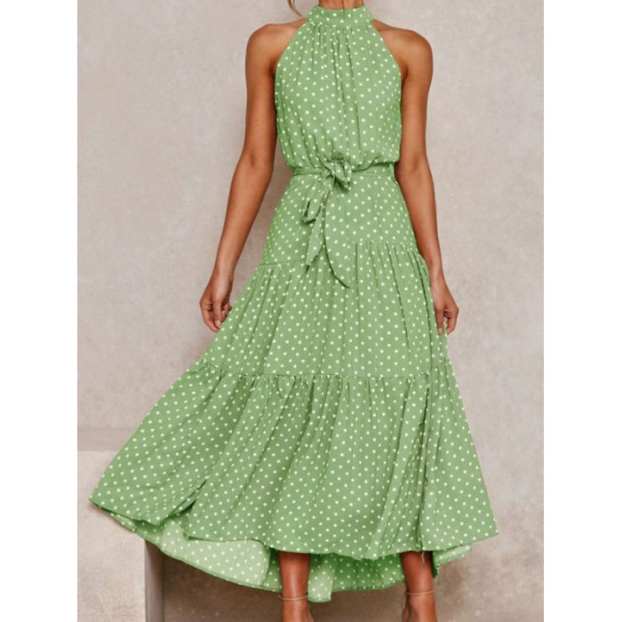 Polka Dot Maxikleider Green Sleeveless Sash Swing Dress