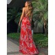 Rote Maxikleider für Frauen Blumendruck V-Ausschnitt rückenfreies Polyester bodenlanges Sommerkleid