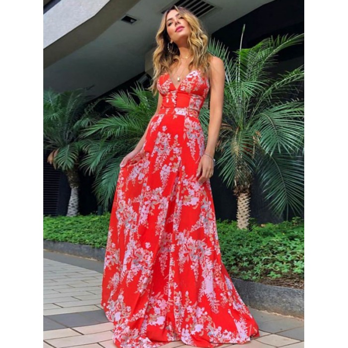 Rote Maxikleider für Frauen Blumendruck V-Ausschnitt rückenfreies Polyester bodenlanges Sommerkleid