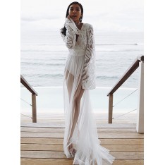 Weiße Maxikleider Lange Ärmel V-Ausschnitt Split Front Unregelmäßiges Design Polyester bodenlanges Kleid 