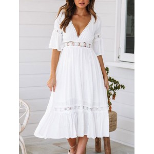 Weißes langes Kleid V-Ausschnitt Ausgeschnittene Maxi-Kleider aus Baumwolle mit Spitzeneinsatz