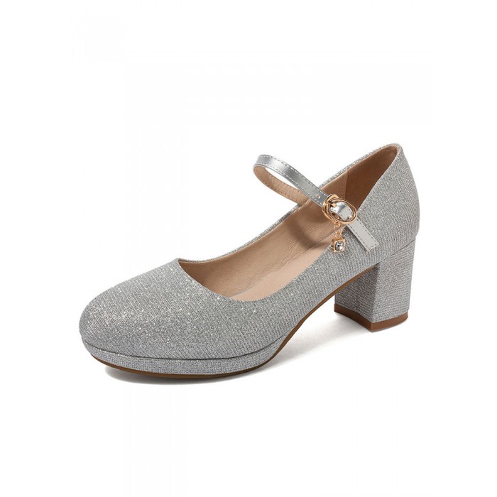 Mary Jane Schuhe Silver Glitter Round Toe Chunky Heel Pumps für Frauen