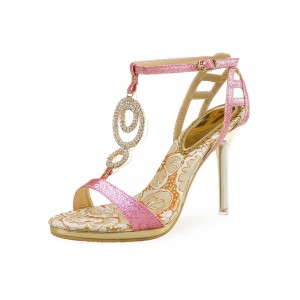 Damen Absatz Sandalen Pink Stiletto Absatz Open Toe Pailletten Stoff Sexy Schuhe
