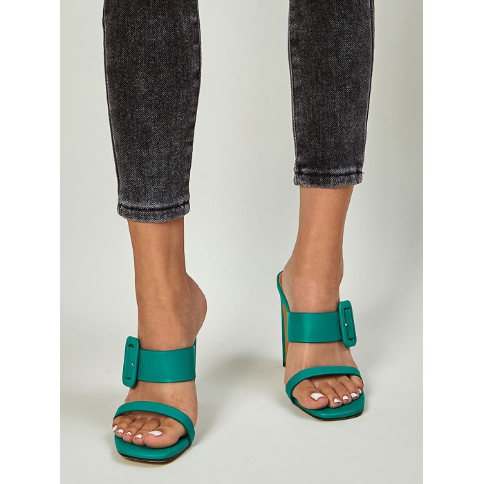 Grüne Sandalen für Damen Teal Chunky Heel Peep Toe Leder Sandalen mit Absatz