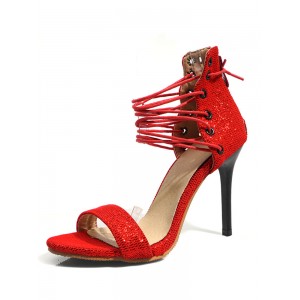 High Heel Sandaletten rote offene Spitze schnüren sich oben Sandalen Glitter Kleid Schuhe für Frauen 