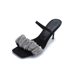 Frauen hochhackige Pantoffel schwarz Micro Wildleder Slip-On quadratische Zehen Stiletto Absatz Strass Sommer hochhackige Pantoletten