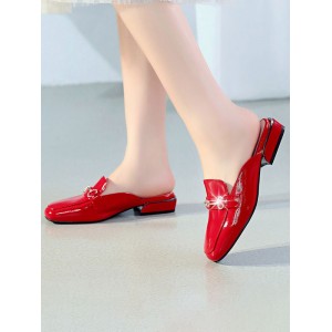 Frauen Red Mules Leder Square Toe Slip-On Schuhe 