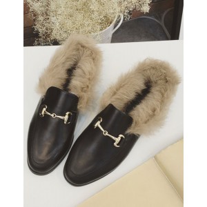 Schwarze Damen Mueller Schuhe 2021 flache Schuhe Damen Rabbit Fur Round Toe Loafers