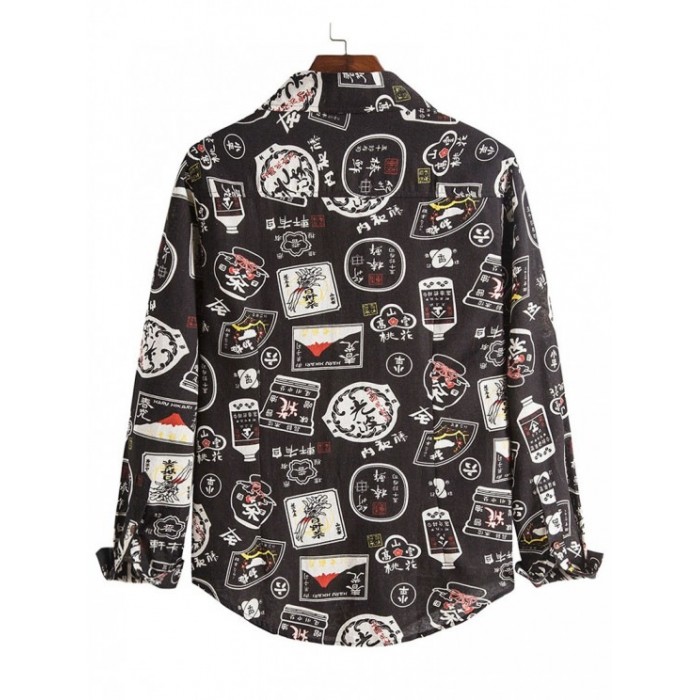 Chinese Characters Pattern Button Up Vintage Shirt
