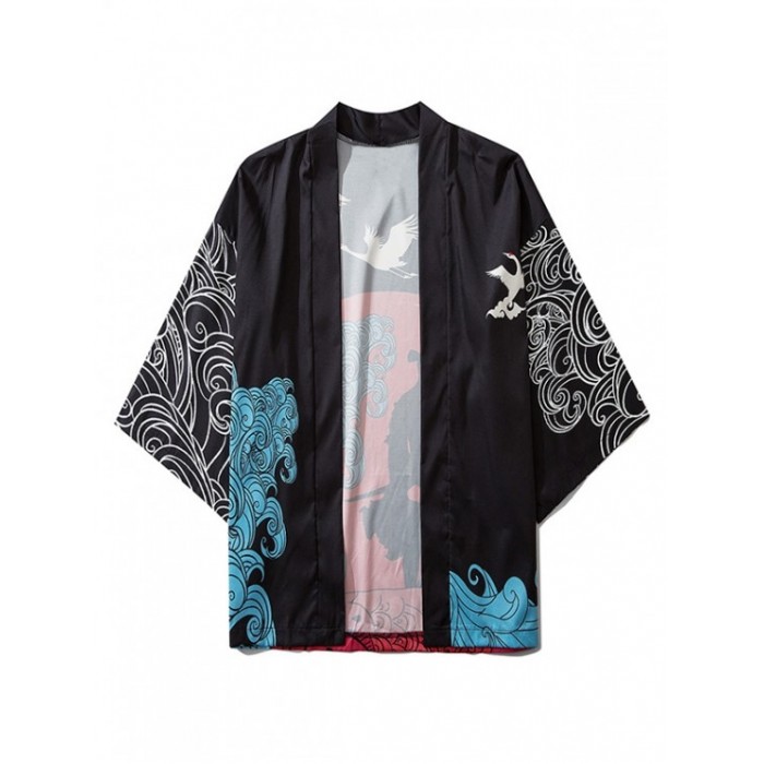 Kimono mit Wellen und Kran Aufdruck
