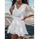 Spitzenkleider Weiß Kleid Mit Spitze mit figurbetonendem Design 1/2 Ärmel und Spitzen Kleider V-Ausschnitt für Sommer mit Blattmuster Spitze