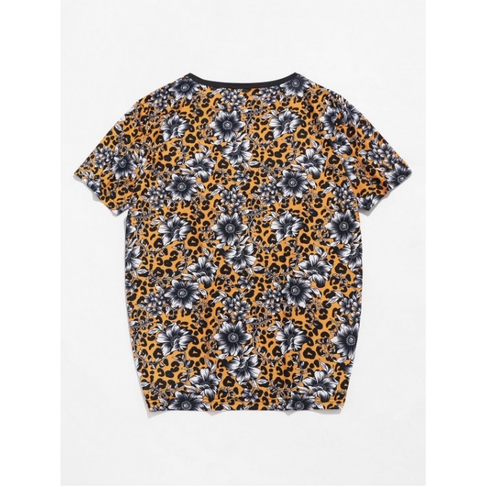 Leopard Floral Print Crew Neck T Shirt