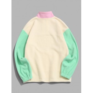 Farbblock Viertel Reißverschluss Tasche Flauschige Sweatshirt