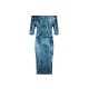 Etuikleid Blau Kleider Velours im schicken & modischen Style 3/4 Ärmel Damenmode mit Carmenausschnitt und Falten für Sommer