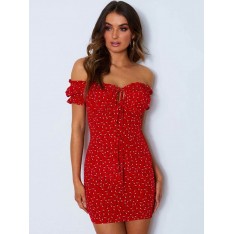 Etuikleid Rot Kleider mit Printmuster Polyester im schicken & modischen Style Damenmode Kurzarm und Carmenausschnitt geknotet für Sommer 