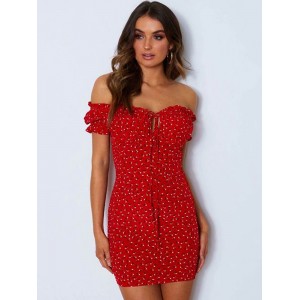 Etuikleid Rot Kleider mit Printmuster Polyester im schicken & modischen Style Damenmode Kurzarm und Carmenausschnitt geknotet für Sommer
