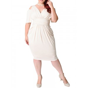 Etuikleid Weiß Kleider Michartige Seide im sexyen Style Kurzarm Damenmode V-Ausschnitt mit senkrechten Falten