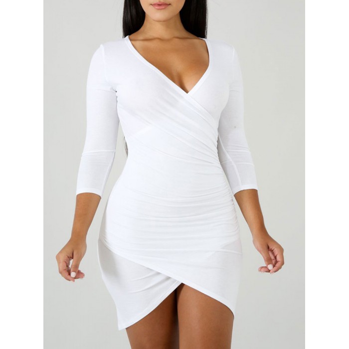 Etuikleid Weiß Kleider Polyester-Baumwolle kurz im casualen Stil Damenmode Langarm V-Ausschnitt mit Rüschen