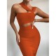 Frauen Bodycon Kleider Orange Designed Ausschnitt Asymmetrische Sexy Ärmelloses Bleistiftkleid