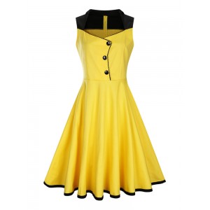 Gelb mit Farbblock 50er jahre mode und Knöpfen ärmellos V-Ausschnitt gemischten Baumwollen im Retro-Style mittellang 