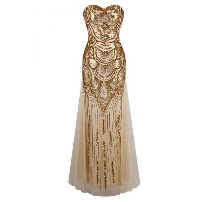 Goldenes Pailletten Kleid trägerlos formalen langes Abendkleid Partykleid charleston kleid 20er jahre kleid