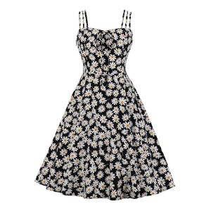 Vintage Kleid 1950er Jahre ärmellose Träger Halsbögen geknotet ärmellose Blumendruck Rockabilly Retro Swing Kleid 