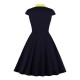 Vintage Kleid 1950er Jahre Dark Navy zweifarbige übergroße Damenknöpfe Kurzarm V-Ausschnitt Rockabilly Kleid