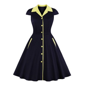 Vintage Kleid 1950er Jahre Dark Navy zweifarbige übergroße Damenknöpfe Kurzarm V-Ausschnitt Rockabilly Kleid