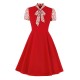 Vintage Kleid 1950er Jahre Stehkragen Schleifen geknotet kurze Ärmel Patch Stripes Swing Dress