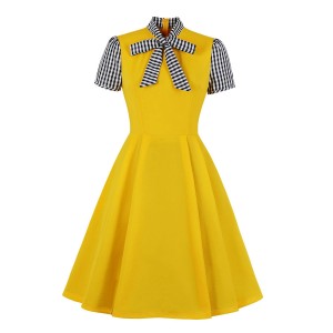 Vintage Kleid 1950er Jahre Stehkragen Schleifen geknotet kurze Ärmel Patch Stripes Swing Dress 
