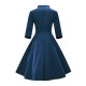 Vintage Kleider Blau mit Schleife 50er jahre mode Rockabilly kleid 1/2 Ärmel Kleider und Stehkragen Polyester im altmodischen Stil knielang