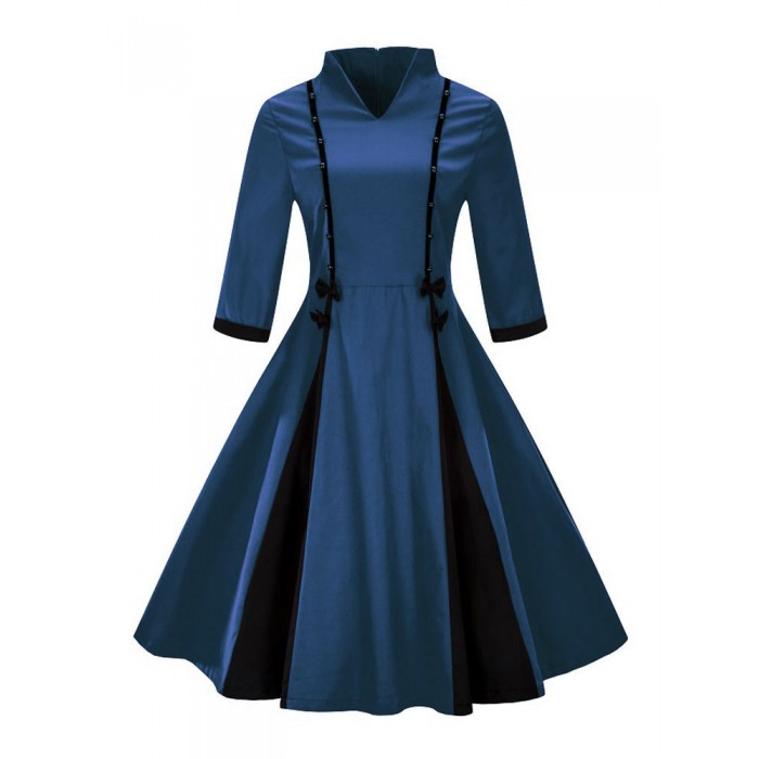 Vintage Kleider Blau mit Schleife 50er jahre mode Rockabilly kleid 1/2 Ärmel Kleider und Stehkragen Polyester im altmodischen Stil knielang