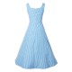 Vintage Kleider Blau mit Streifen 50er jahre mode Rockabilly kleid und Knöpfen ärmellos viereckiger Ausschnitt Polyester im femininen Style