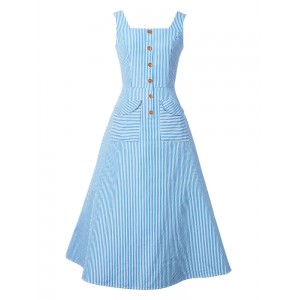 Vintage Kleider Blau mit Streifen 50er jahre mode Rockabilly kleid und Knöpfen ärmellos viereckiger Ausschnitt Polyester im femininen Style
