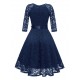 Vintage Kleider Dunkelmarineblau 50er jahre mode und Schleife Spitze Rockabilly kleid 3/4 Ärmel Kleider V-Ausschnitt für Sommer Damenmode