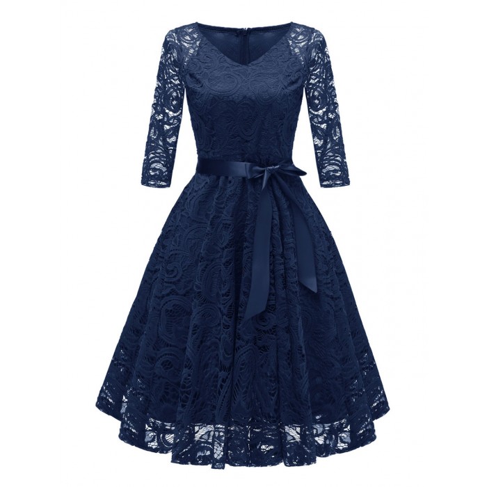 Vintage Kleider Dunkelmarineblau 50er jahre mode und Schleife Spitze Rockabilly kleid 3/4 Ärmel Kleider V-Ausschnitt für Sommer Damenmode