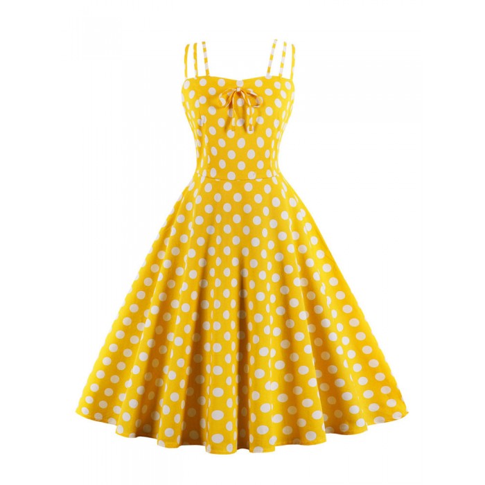 Vintage Kleider Gelb mit Polka-Tupfen 50er jahre mode Rockabilly kleid und Schleife Kleider ärmellos und Trägern Baumwolle Damenmode im Retro-Style