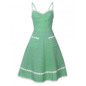Vintage Kleider Grün 50er jahre mode mit Falten Polyester Rockabilly kleid ärmellos Kleider und Trägern Alltagskleidung und justierbaren Träger