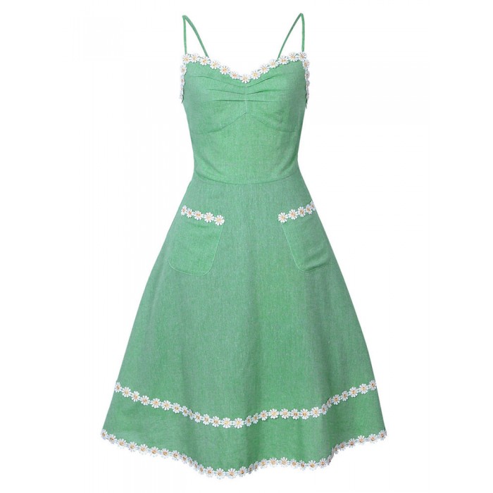 Vintage Kleider Grün 50er jahre mode mit Falten Polyester Rockabilly kleid ärmellos Kleider und Trägern Alltagskleidung und justierbaren Träger