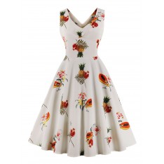 Vintage Kleider mit Fruchtmuster 50er jahre mode Weiß Polyester Rockabilly kleid ärmellos Kleider V-Ausschnitt für Sommer Damenmode 