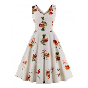 Vintage Kleider mit Fruchtmuster 50er jahre mode Weiß Polyester Rockabilly kleid ärmellos Kleider V-Ausschnitt für Sommer Damenmode