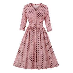 Vintage Kleider mit Polka-Tupfen 50er jahre mode Rosa Polyester Rockabilly kleid Langarm Kleider V-Ausschnitt 