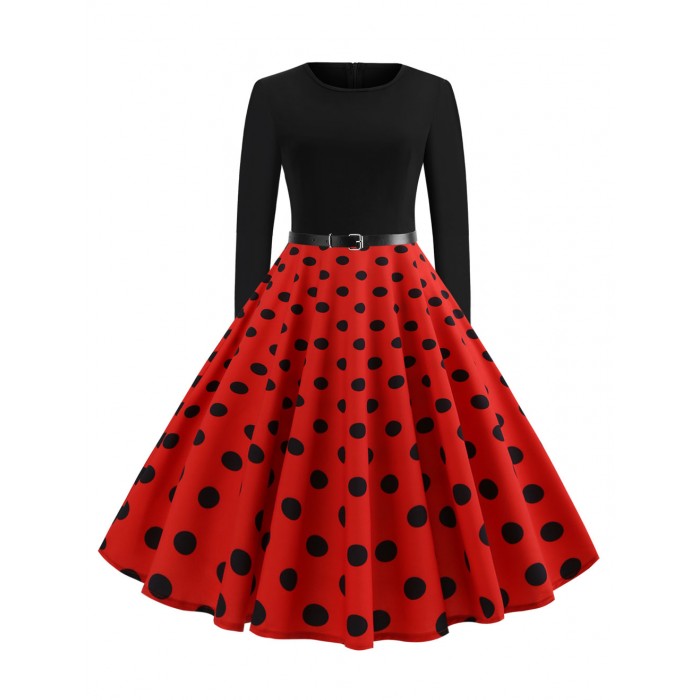 Vintage Kleider mit Polka-Tupfen 50er jahre mode Rot Polyester Rockabilly kleid Langarm Kleider und Rundkragen für Sommer und Frühling Damenmode